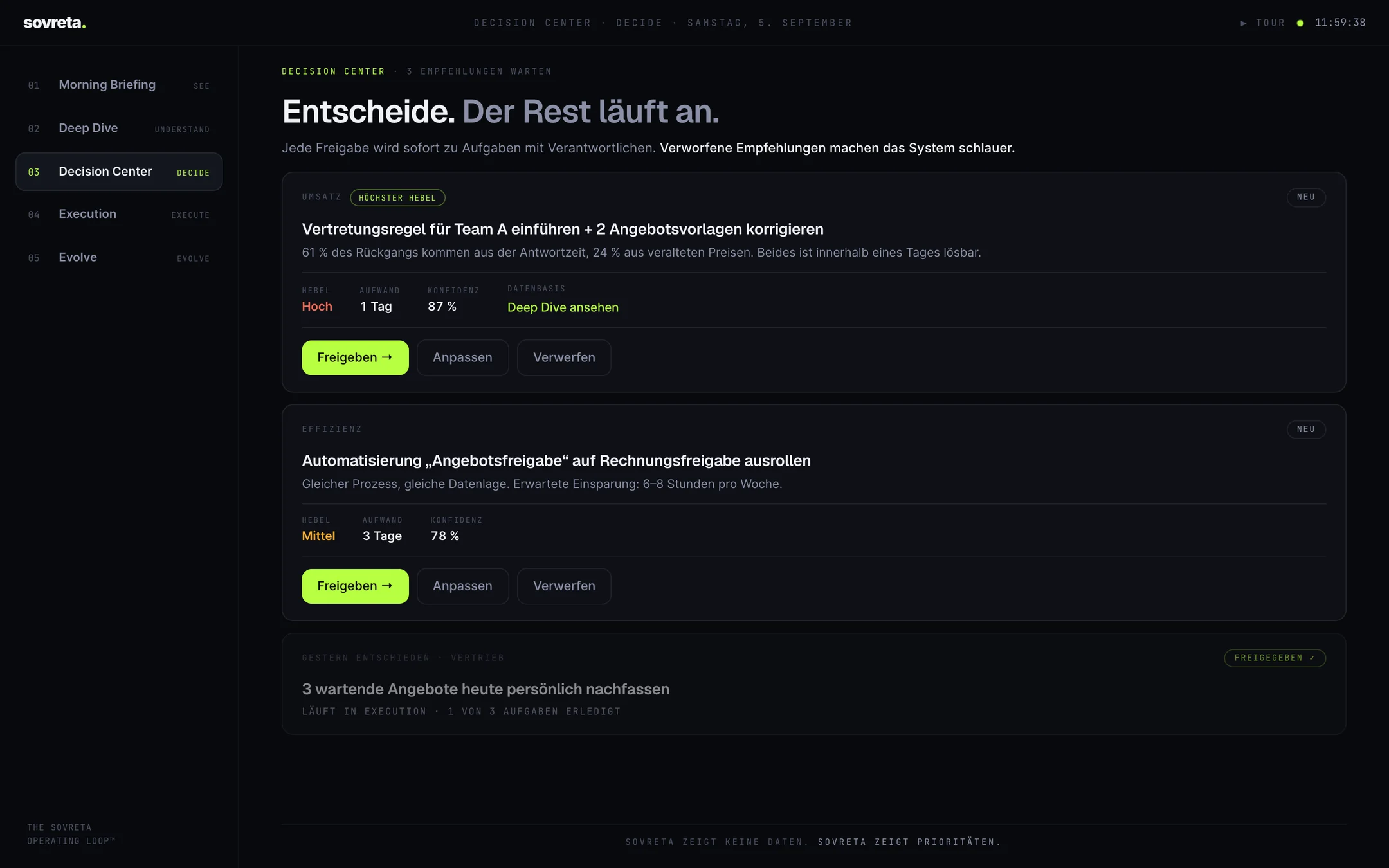 Decision Center im Sovreta Operating System: offene Entscheidungen mit Einfluss, Datenlage und empfohlener Option